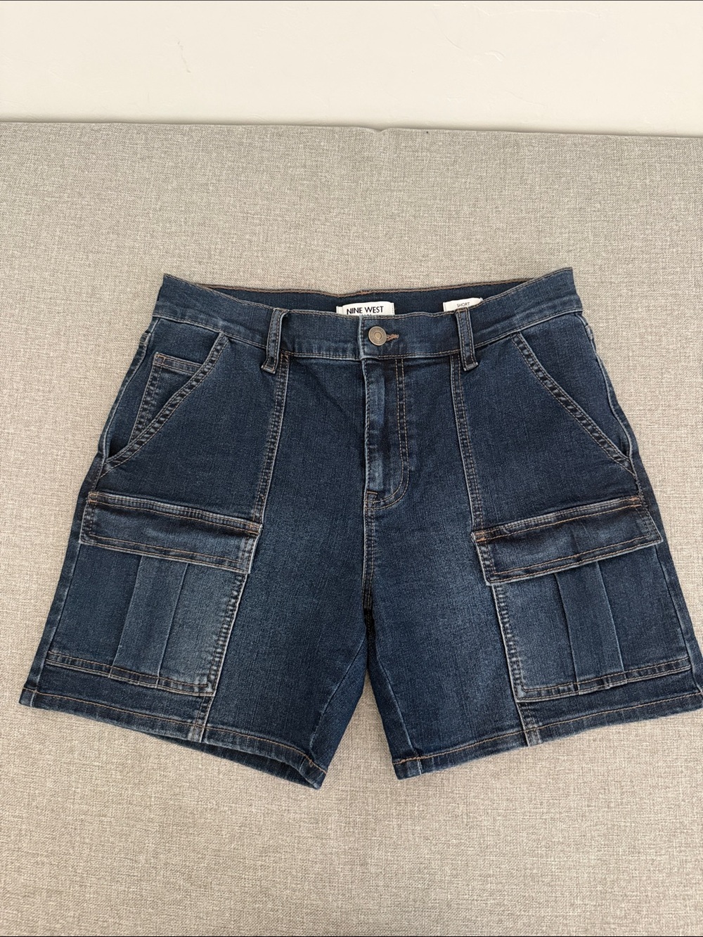 Nine West Dark Blue Denim Cargo Shorts with Patch Pockets